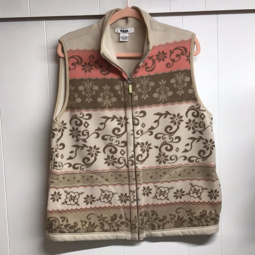 Cream & Olive Patterned Fleece Vest with Coral Accents